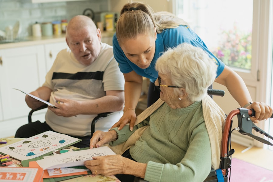Caregiver assisting seniors with an activity in a home care setting