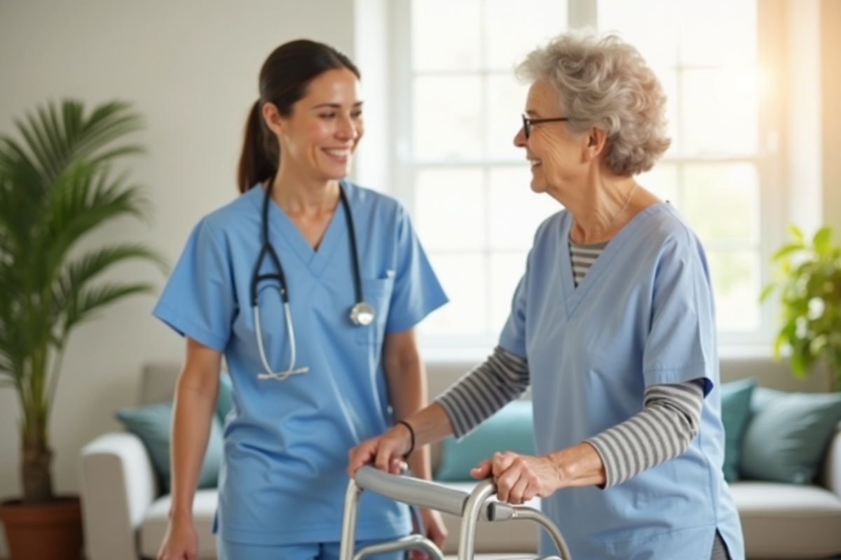Home health therapist helping an older woman practice walking with a walker at home