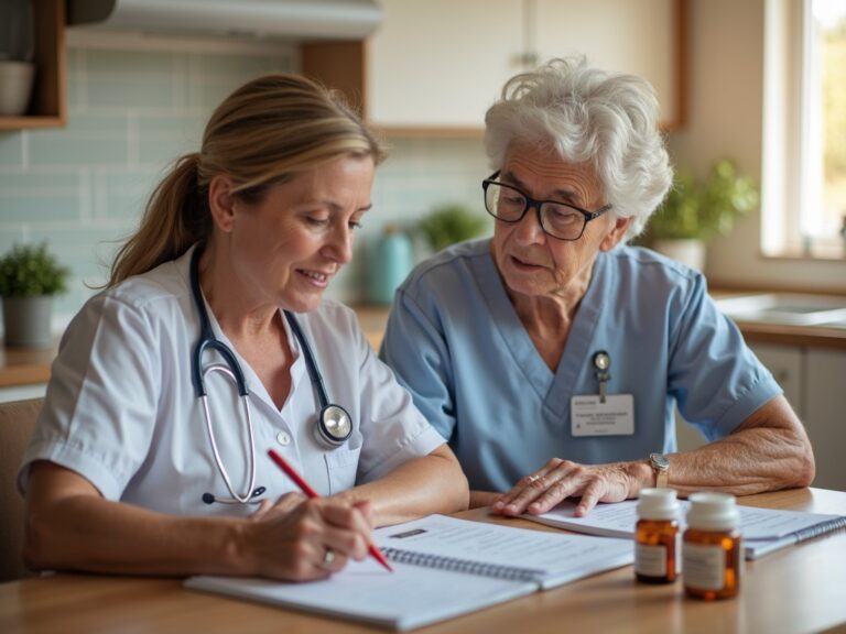 Skilled home health nurse reviewing a medication organizer with an older Utah patient at home