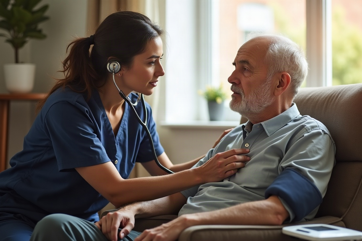Home health nurse listening to an older mans lungs with a stethoscope during a COPD and heart failure check at home