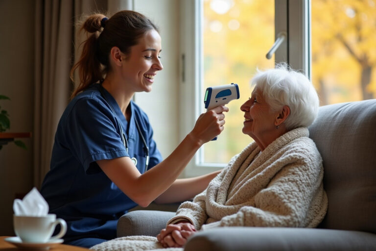 Home health nurse checking an older womans temperature in her living room during fall respiratory illness season
