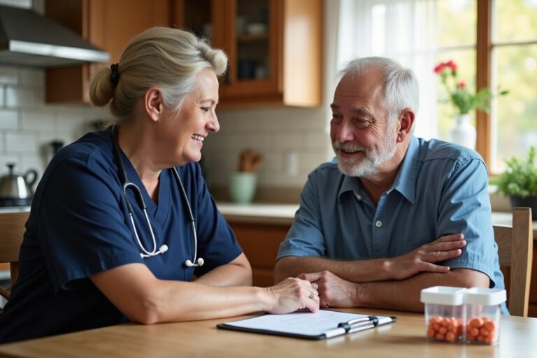 Home health nurse reviewing hospital discharge instructions with an older man at his kitchen table in Utah