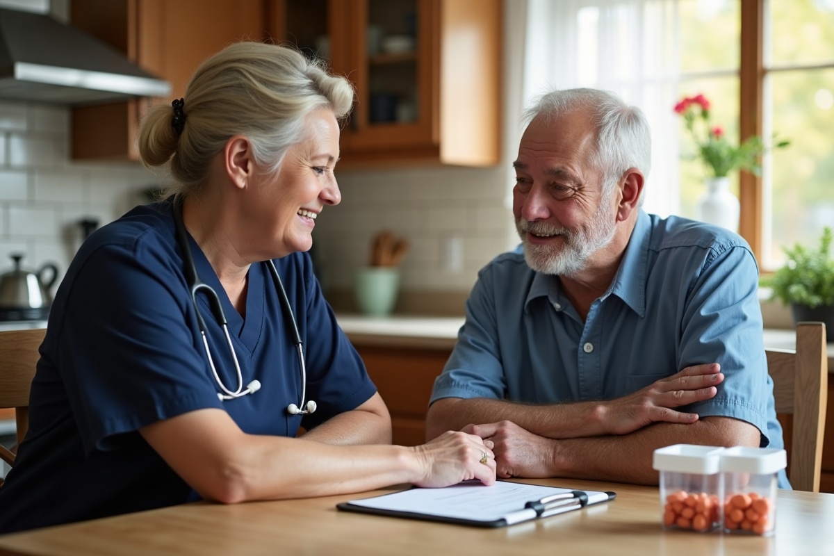 Home health nurse reviewing hospital discharge instructions with an older man at his kitchen table in Utah