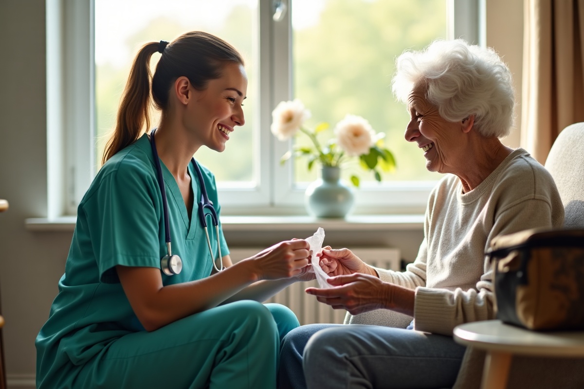Home health nurse preparing sterile dressing supplies with an older woman in her living room during a wound care visit