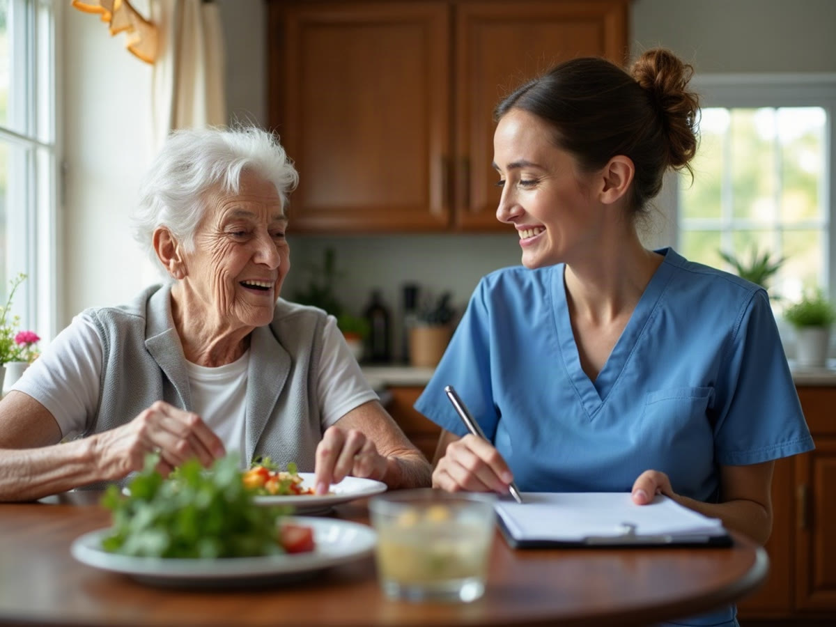 Home health nurse sitting with an older woman at her kitchen table while she eats a meal