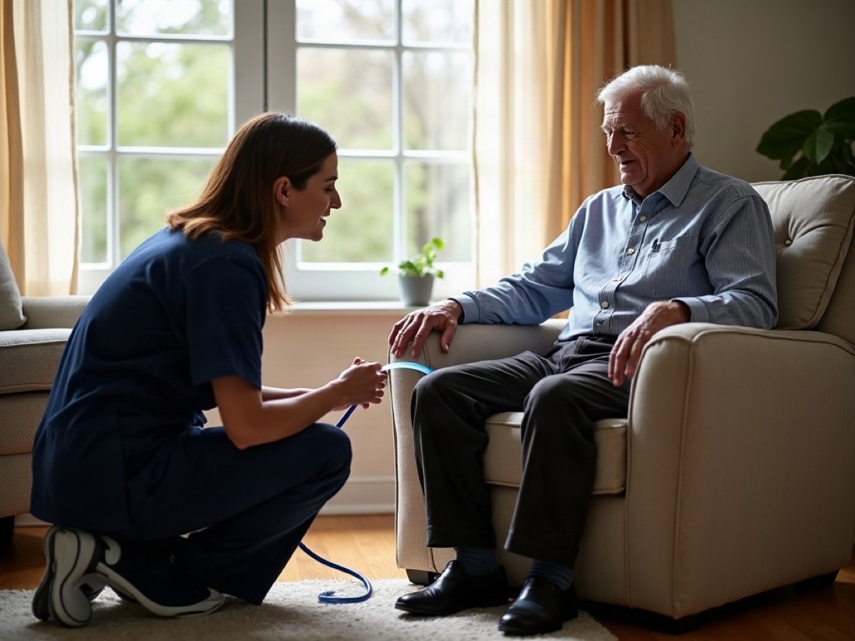 Home health nurse checking oxygen tubing for an older man seated in his living room