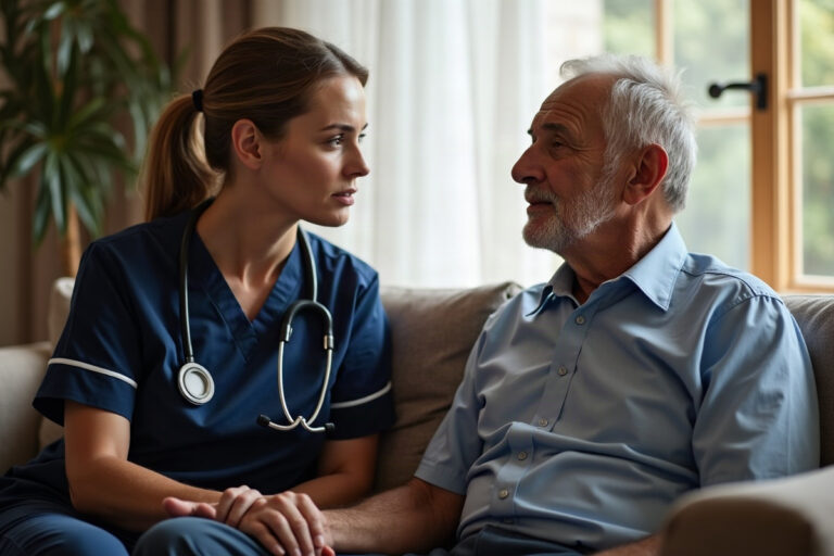 Home health nurse sitting with a confused older man in his living room and checking on how he is feeling