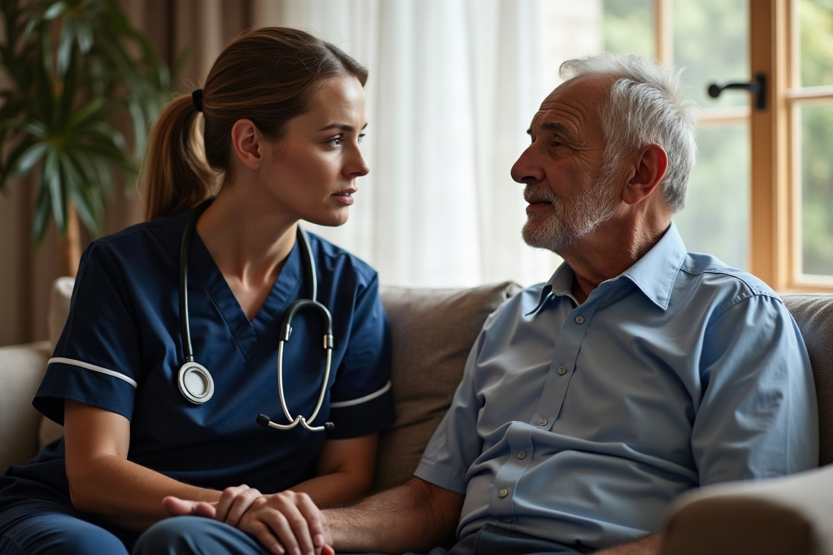 Home health nurse sitting with a confused older man in his living room and checking on how he is feeling