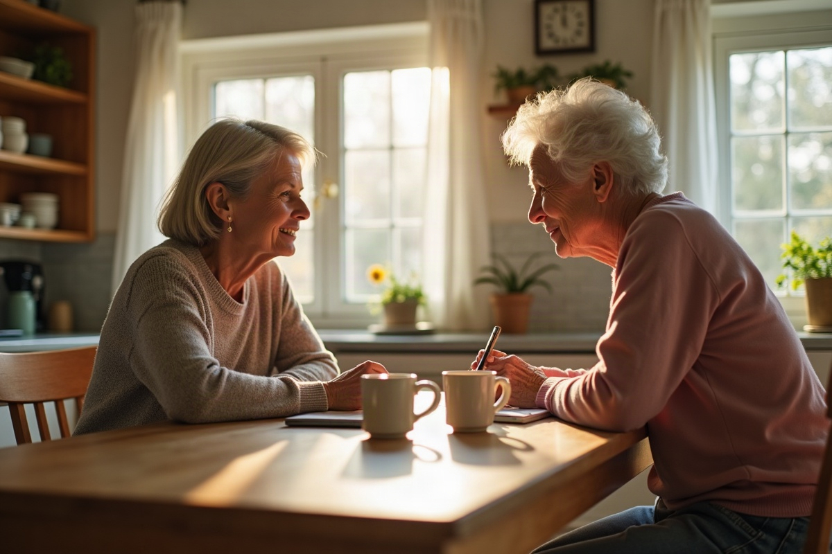 Adult daughter talking with her elderly mother at the kitchen table about accepting home health care