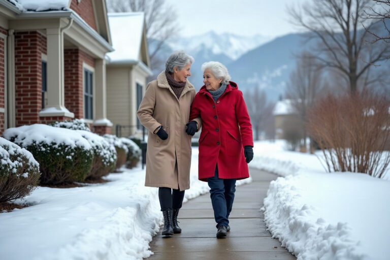 Caregiver walking arm in arm with an older woman along a cleared, snow-lined front walkway on a winter day in Utah