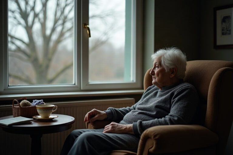 Older woman sitting alone in an armchair by a living room window on an overcast autumn day, with an untouched cup of tea and knitting basket beside her