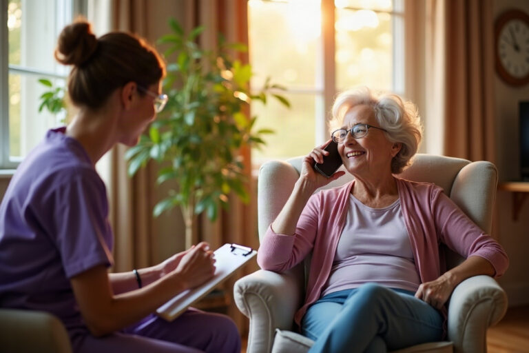 Older woman smiling on the phone with her adult child in her living room while a home health nurse in purple scrubs sits nearby taking notes