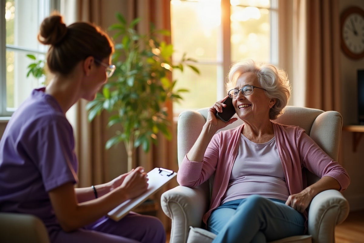 Older woman smiling on the phone with her adult child in her living room while a home health nurse in purple scrubs sits nearby taking notes