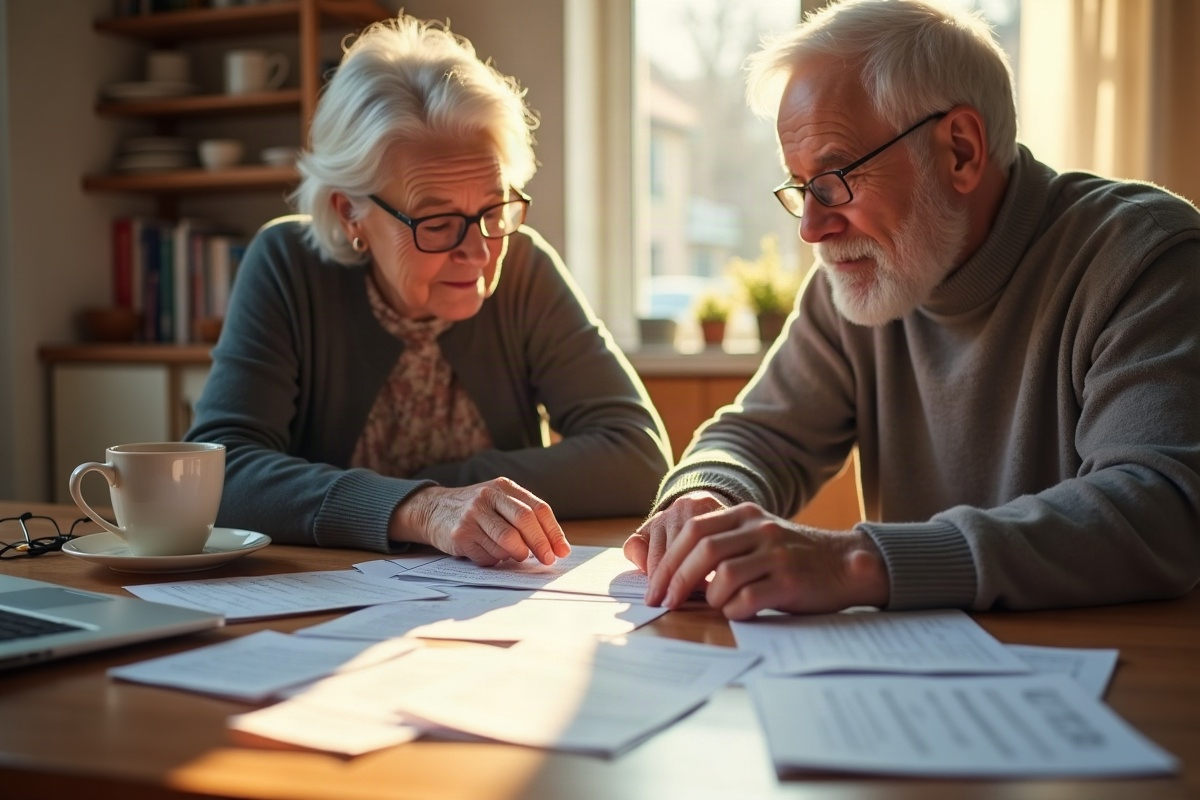 Older couple sitting at their kitchen table on an autumn morning reviewing Medicare plan letters and brochures together with coffee and a laptop
